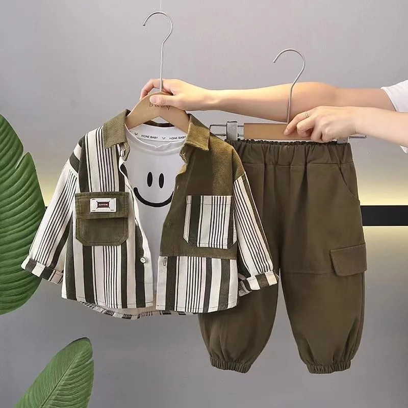 

New Spring Autumn Boys Clothing Set Full Print Striped Shirt +Pants 2Pcs Suit For Kids Children Birthday Present Outfit