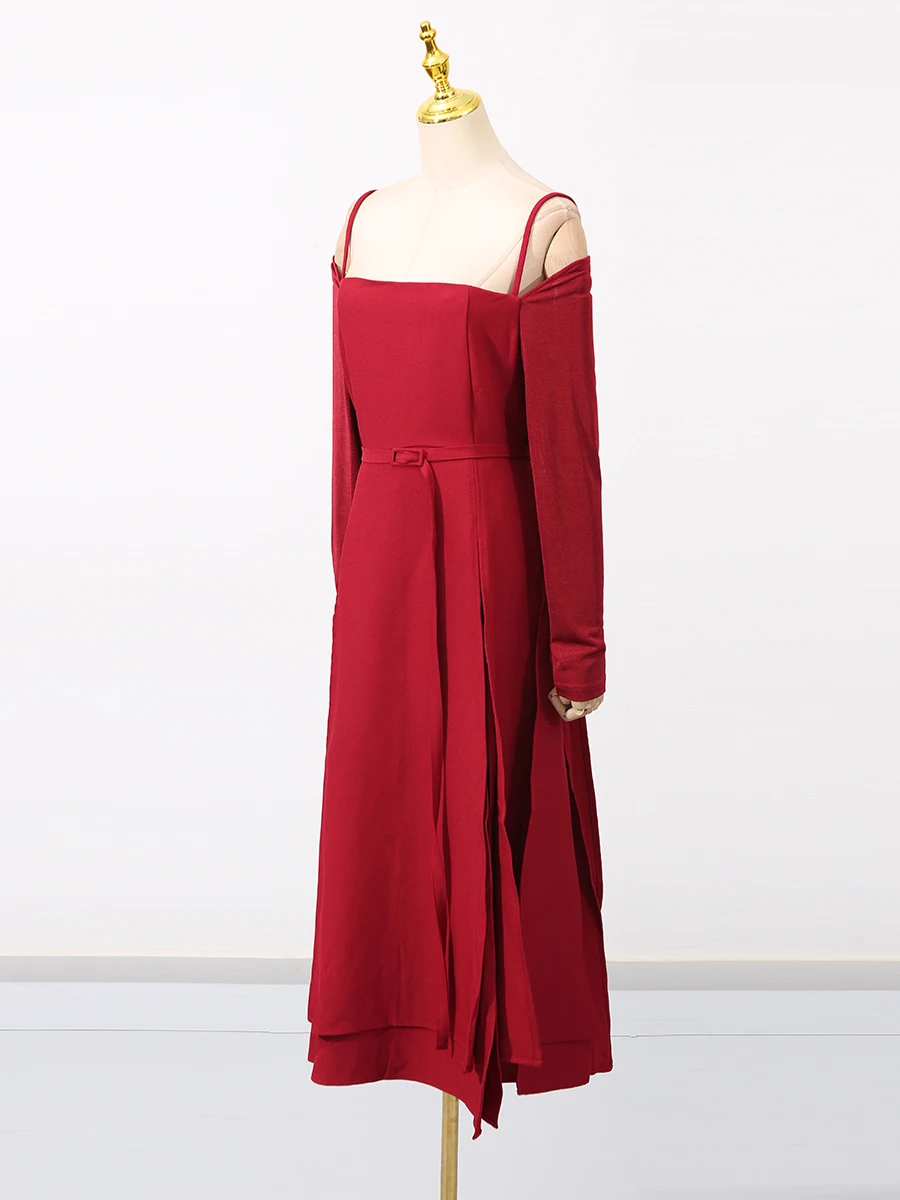 Romiss sólido emagrecimento dividir vestidos longos para mulheres pescoço quadrado manga longa cintura alta temperamento vestido moda feminina nova