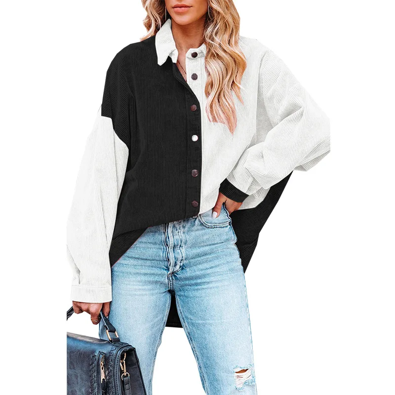 レディース カラーブロック コーデュロイ ルーズ シャツジャケット インテリジェントスタイル 長袖 ビジネス レディースファッション 春コレクション