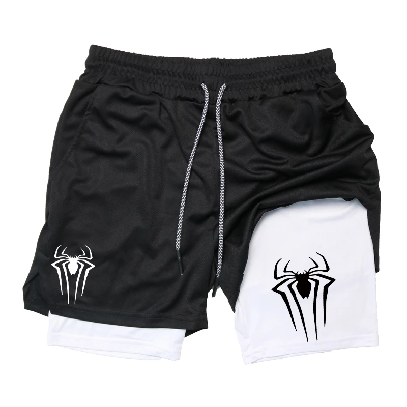 Spider Print 2 in 1 Compression Shorts for Men Gym Workout Running Athletic Performance Shorts with Phone Pocket Towel Loop