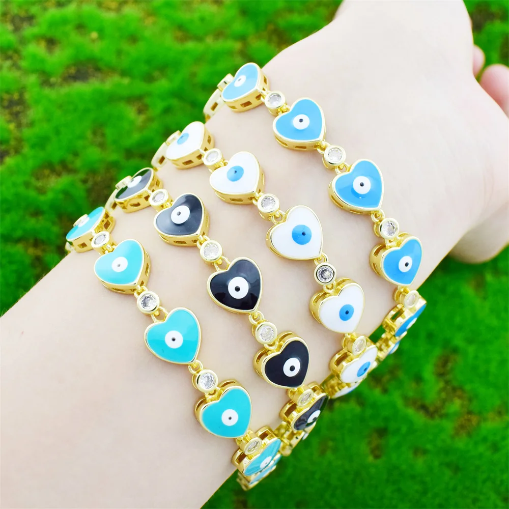 AILINFA Chain Heart Evil Eye Bracelet Ladies Cubic Zirconia Enamel Color Bracelet Gold Plated Fashion Jewelry Gift