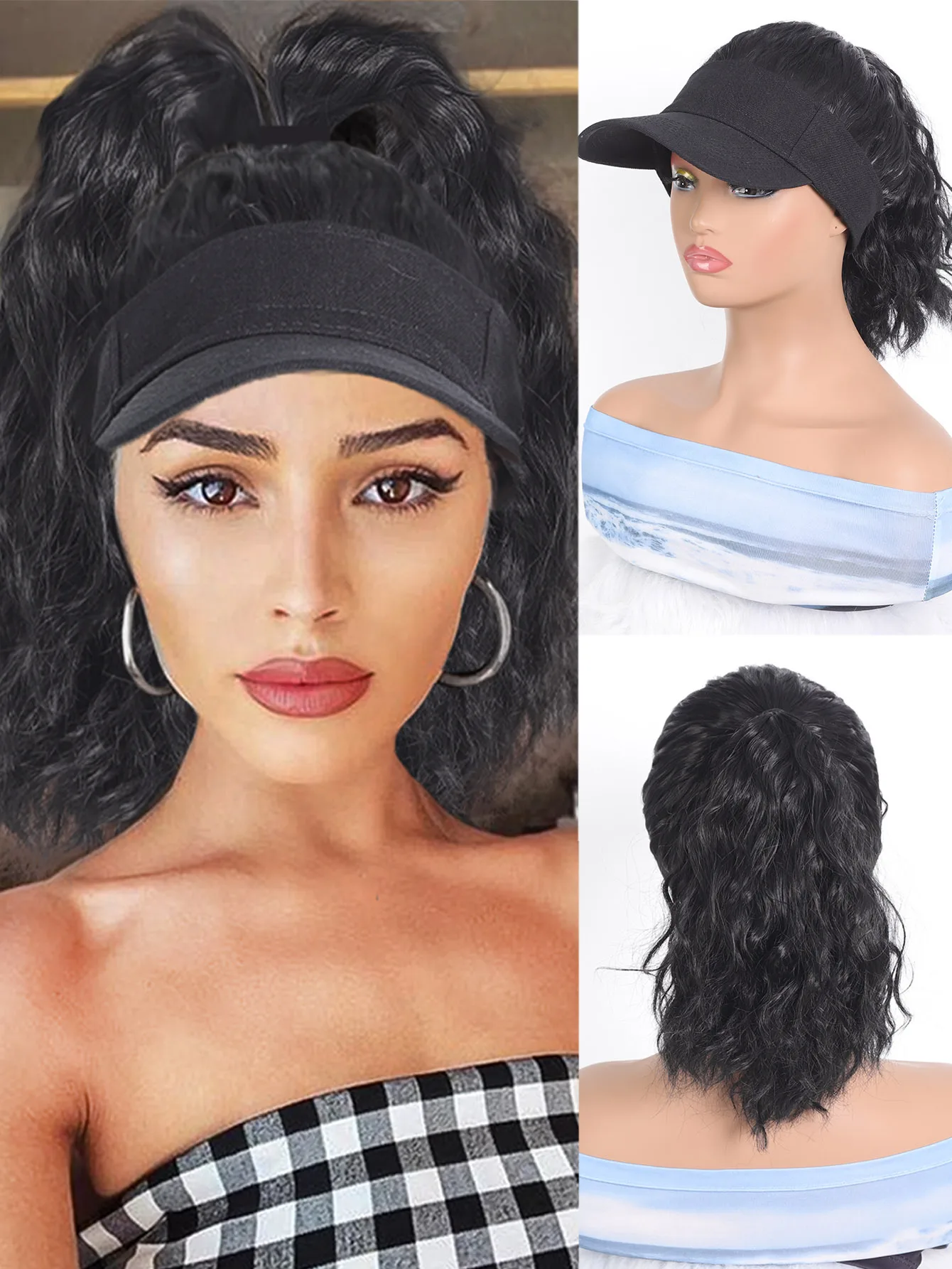 Synthetic Natural Curly Hair Ponytail Extension Wig Travel Beach Shade Black Baseball Cap All-in-one Easy to Wear Hat Wig