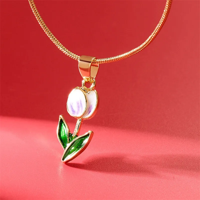 Vintage elegante Emaille-Halskette mit Tulpenblüten-Anhänger für Damen, modische Accessoires für junge Persönlichkeiten, Schlüsselbeinkette, Choker. – Detail 28