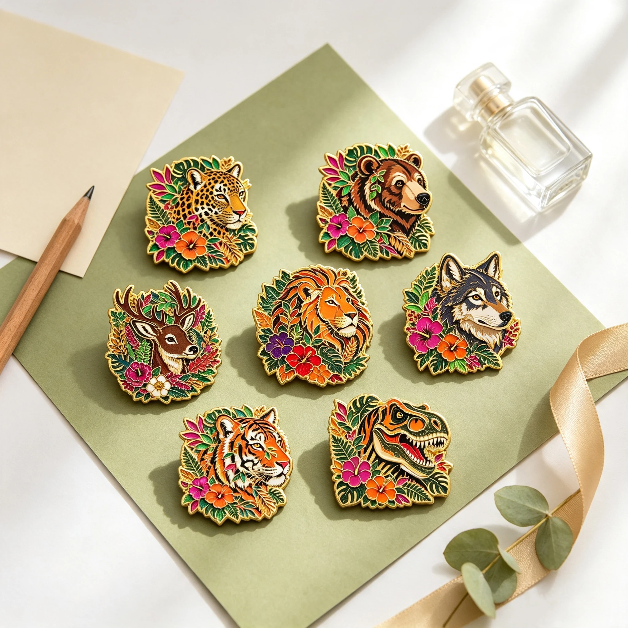 7pcs/Set Flower Wild Animal Enamel Pin Lion Tiger Dinosaur Wolf Brooch for Clothes Briefcase Badges Backpack Badge Friends Gift