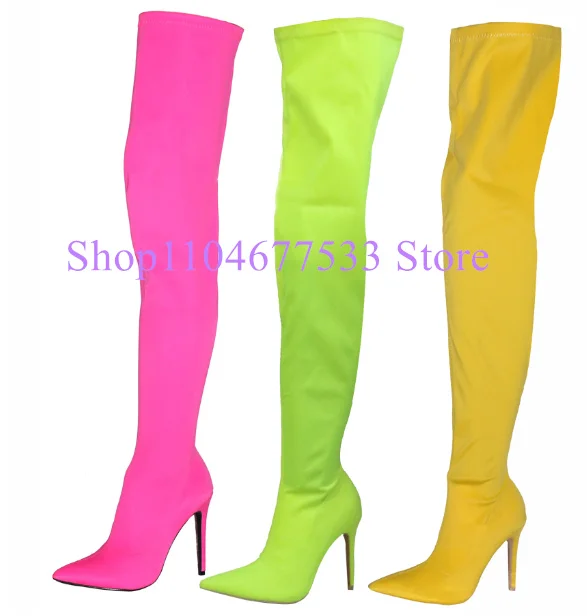 Botas Largas para mujer, Color caramelo, elástico, naranja, rosa, verde, punta estrecha, pierna fina, botas por encima de la rodilla, zapatos de fiesta a la moda para mujer