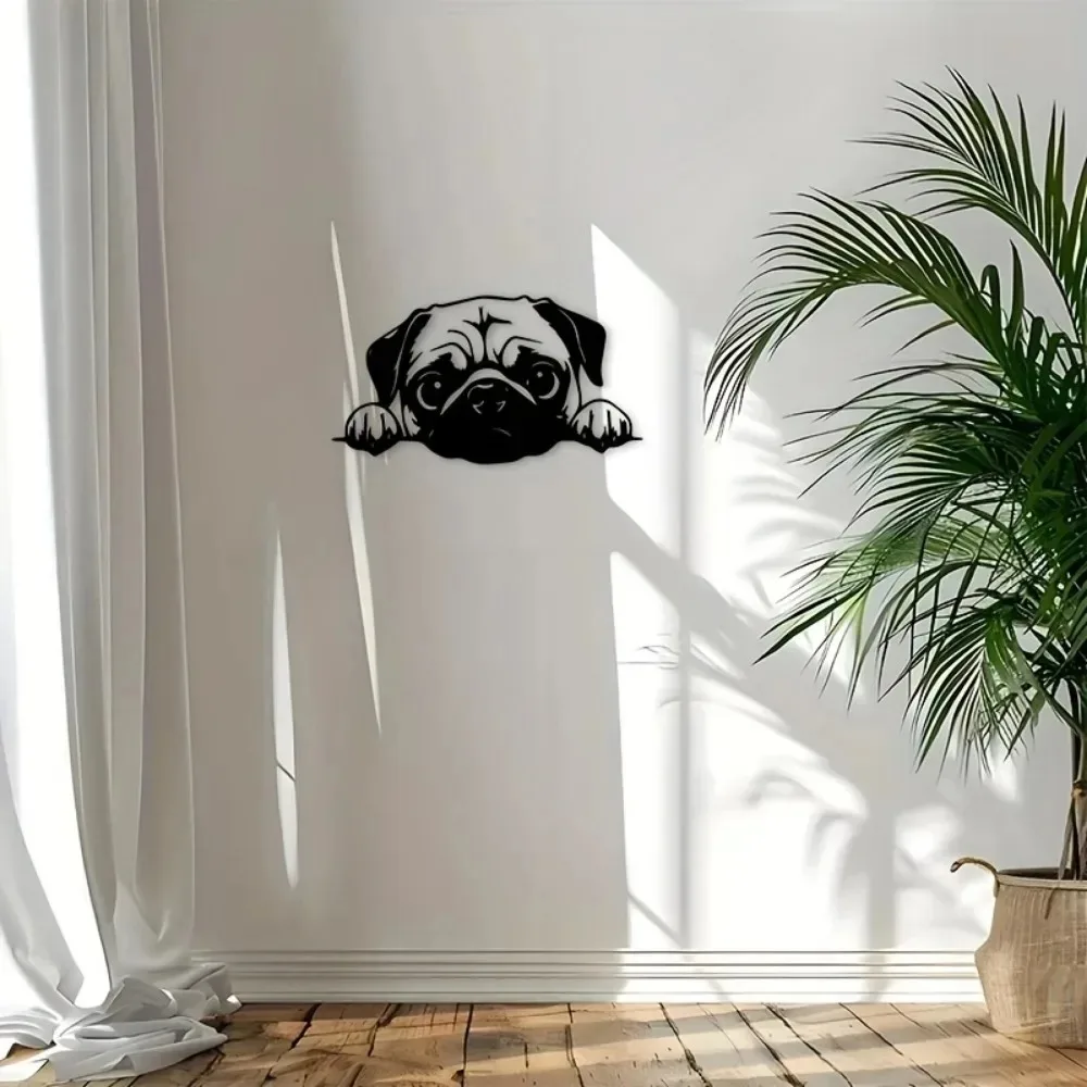 Wandkunst mit Mops-Motiv aus schwarzem Metall, Bauernhaus-Eisenschild für Innen- und Außendekoration