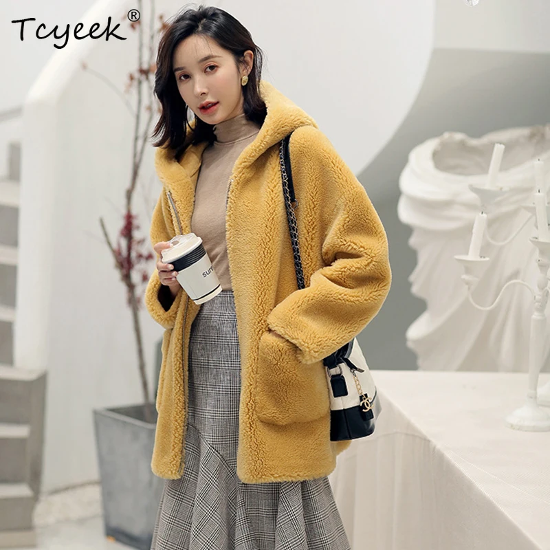 

Lamb Fur Hooded Women's Winter Coats Medium and Long Casual Solid Slim fit Overcoat Zipper Large Pockets Sheep Shearing Jackets