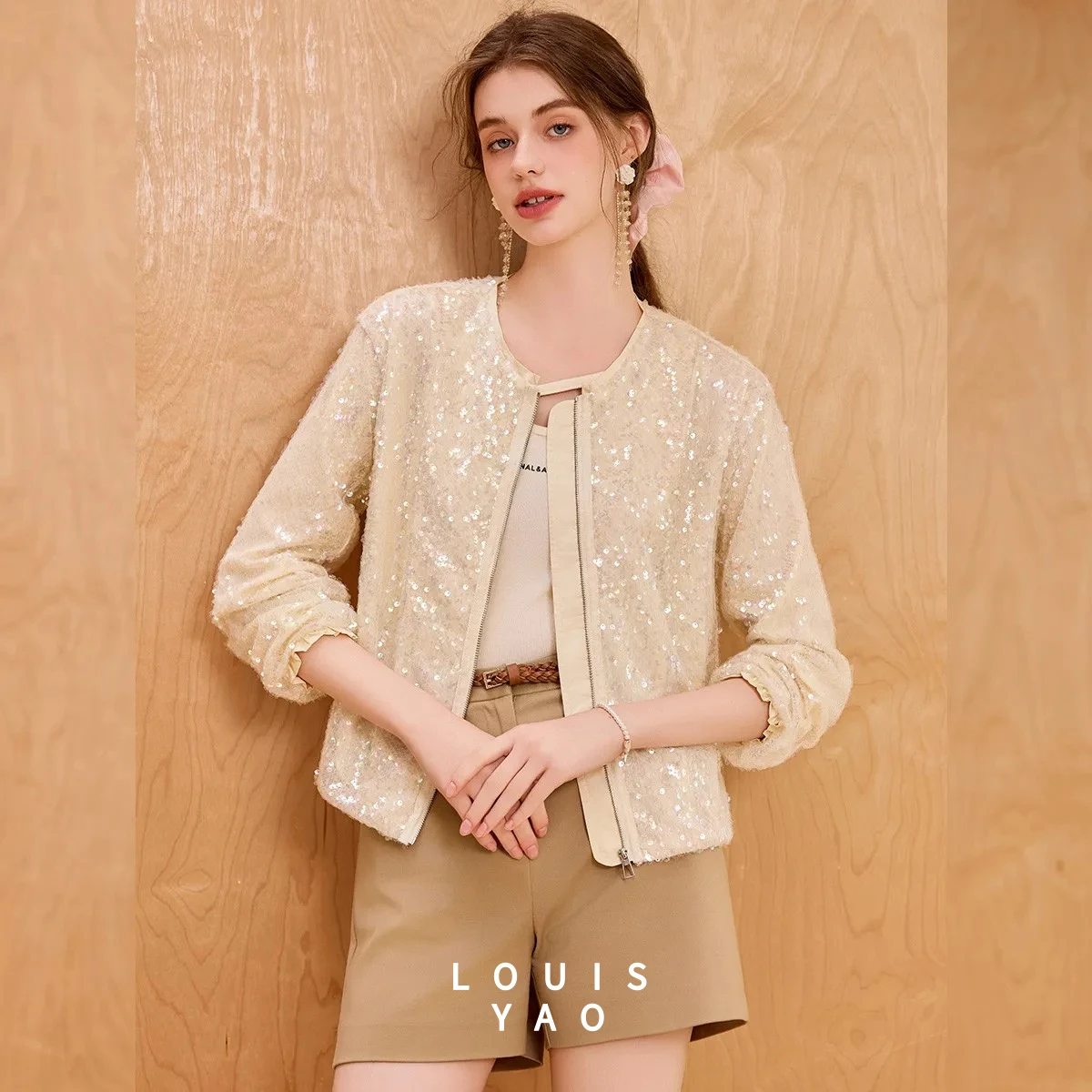

LOUISYAO Sequined Design Women's Jacket 2025 Autumn Round Collar Sparkling Non-Stretchy Loose-Fit Outerwear Stylish Coats