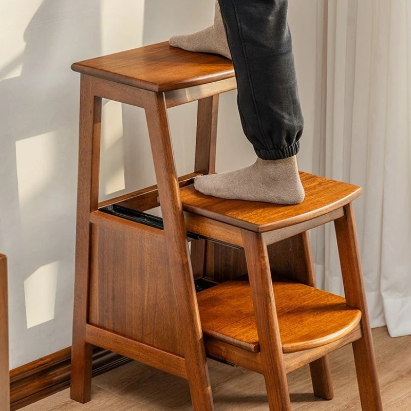 Chinese solid wood three-step ladder stool household ladder, dual-purpose stair ladder