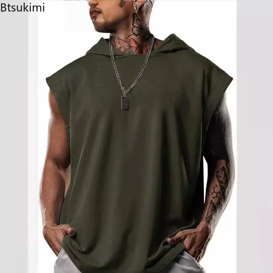 New Men\'s Loose Casual Hoodies T-shirt Fashion Sport Fitness Pullover Top Sleeveless Hooded Tank Tops Summer Sweatshirts for Men