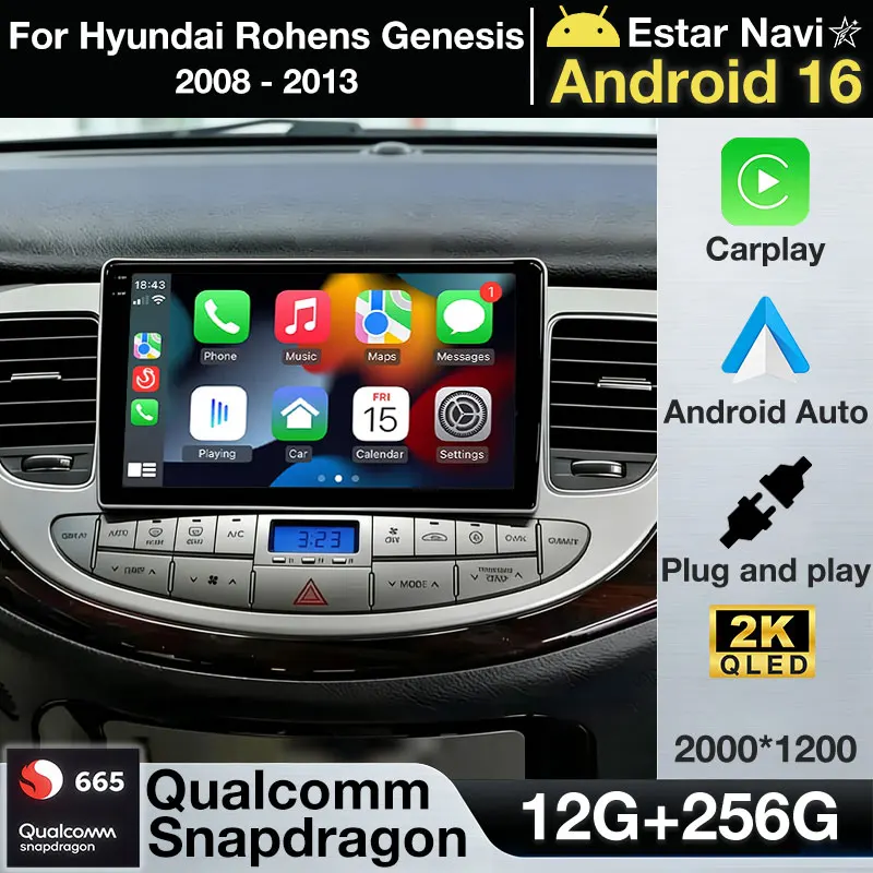 Android 16 Car Radio For Hyundai Rohens Genesis 2008 - 2010 2011 2012 2013 Multimedia Player Carplay Auto GPS NAVI 4G WIFI QLED