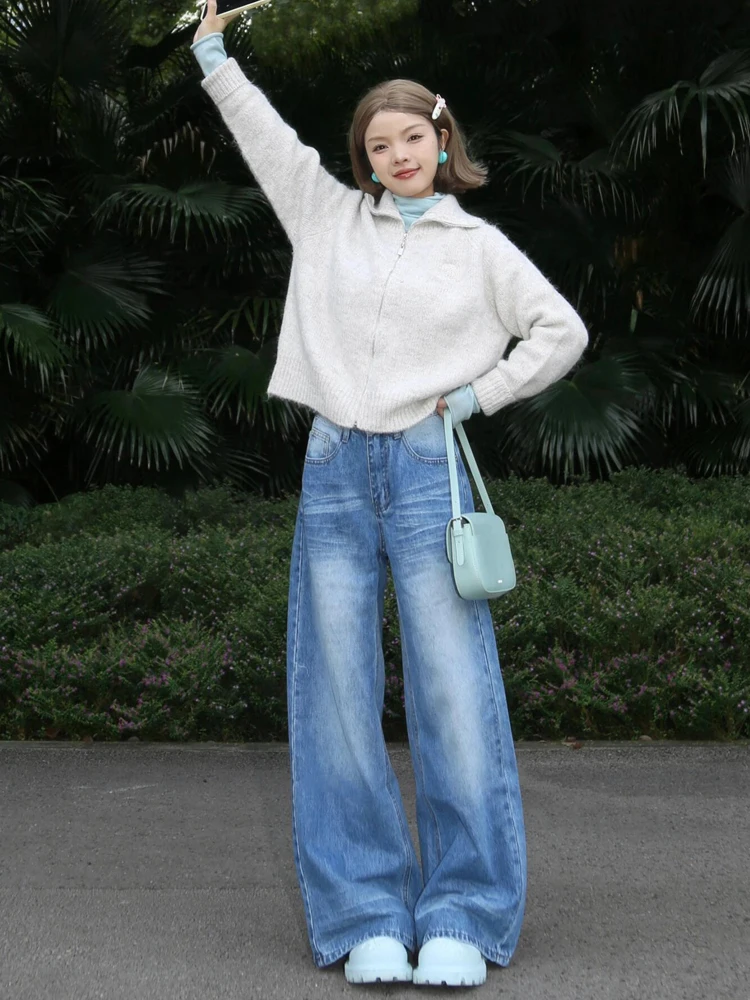 

American Retro High Waist Wide Leg Jeans Women's Autumn Winter New Loose Slim Straight Floor-Length Pants Casual Style