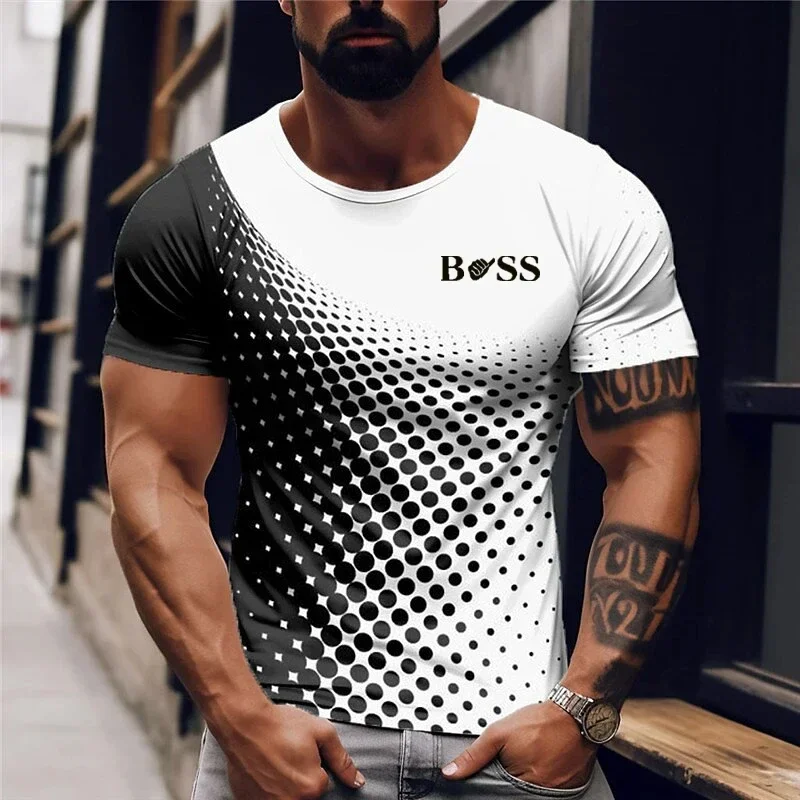 2024 Summer New Business Casual Men's T-shirt Boss Polka Dot 3d Printing Oversized Street Fashion Crewneck Men Short-sleeved Top