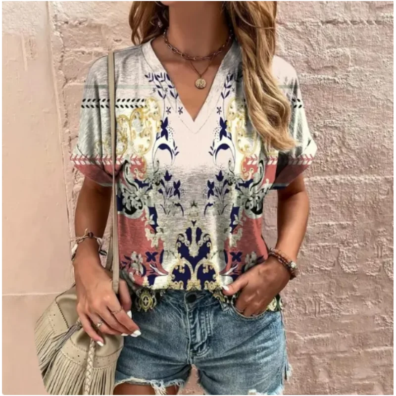 New Women's V-neck T-shirt Vintage Floral Fashion Trend Short Sleeve Clothing Personalized Street Style Top Women's Commuter