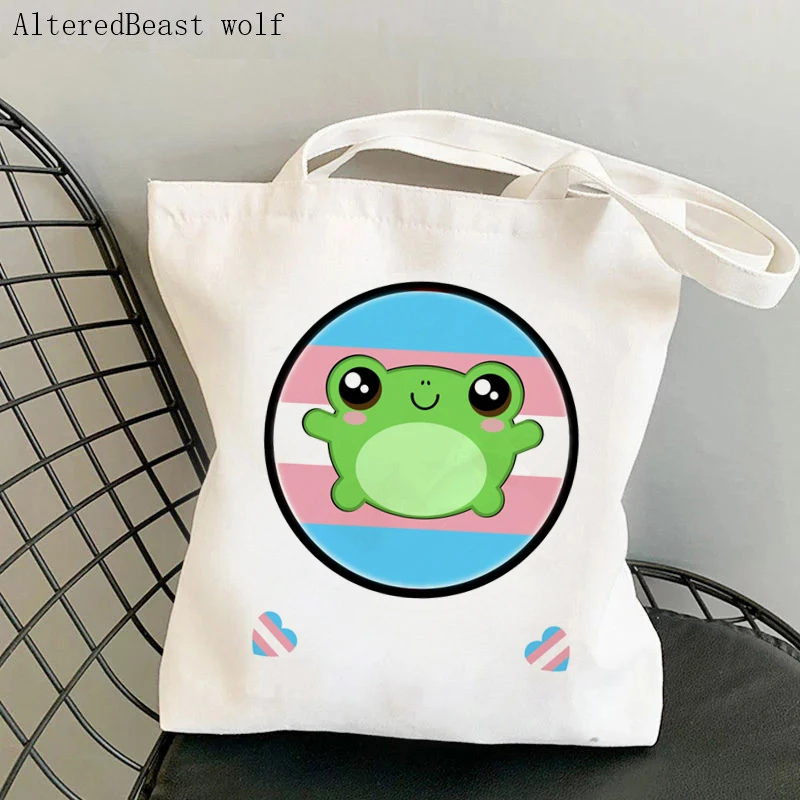 Women Shopper bag Kawaii Froggy Waving Abrosexual Pride Flag Bag Harajuku Canvas Shopper Bag girl handbag Shoulder Lady Bag