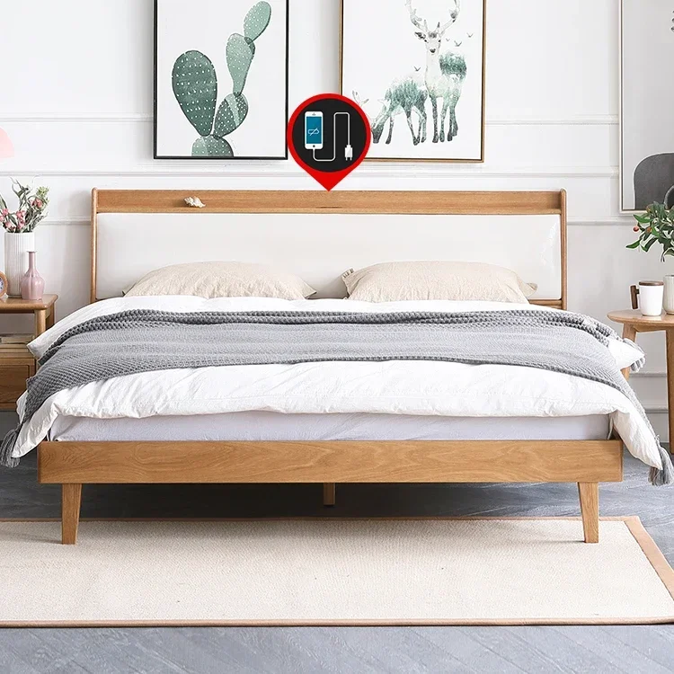 Nordic Style Solid OAK Wooden Bedroom Upholstered Furniture Wood Queen And King Size Bed Frame