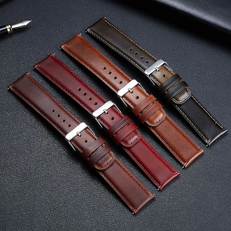 Oil Wax Genuine Leather Watch Strap 20mm 22mm Watchband Quick Release Brown Green Wristband Genuine Leather Watch Bracelets