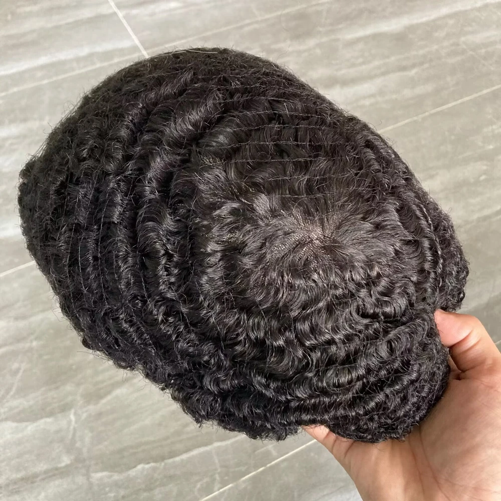 Capelli umani da uomo neri Mono NPU Sistema di protesi per la sostituzione dei capelli durevoli 10MM Onde profonde Acconciatura afro Parrucchino da uomo