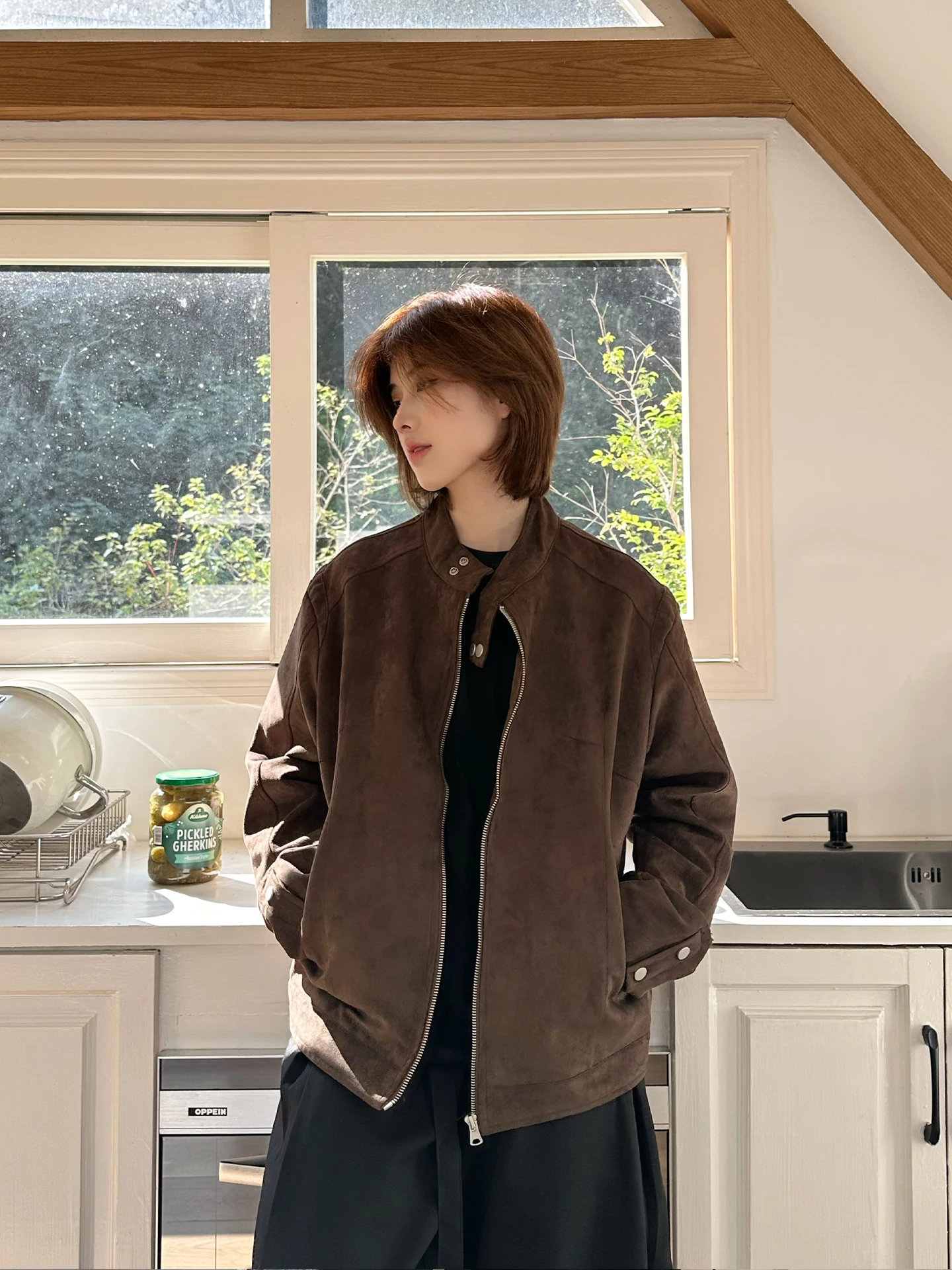 

ex Ретро American Jaet Спецодежда с воротником-стойкой Универсальная одинаковая верхняя одежда для пар Полиэфирное волокно Длинная молния Clo...