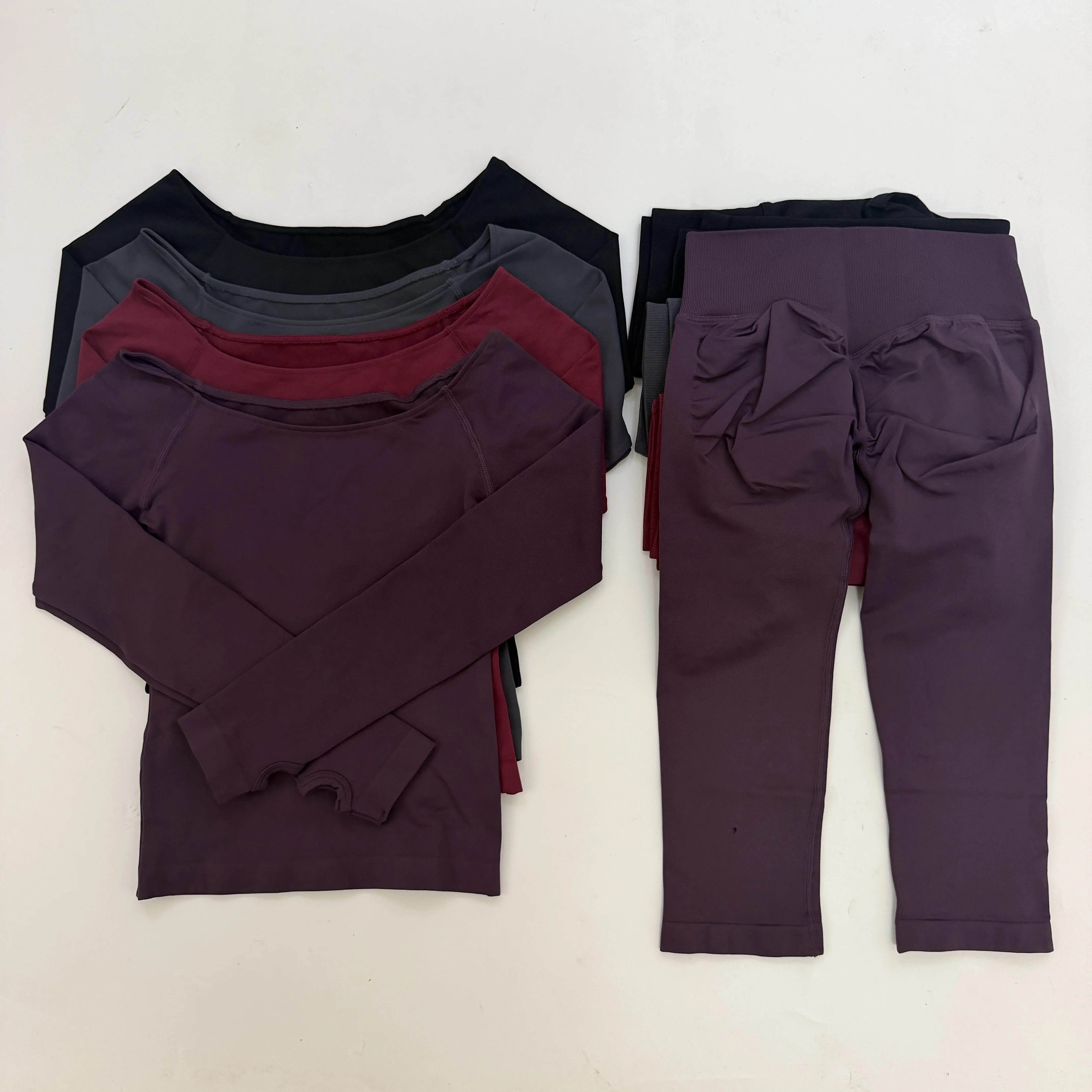 XIN Vision GYM Women Sets 2Pcs Seamless Off Shoulder Long Sleeve Yoga Top & Peach Butt Capris Stretch Cropped Leggings Suit