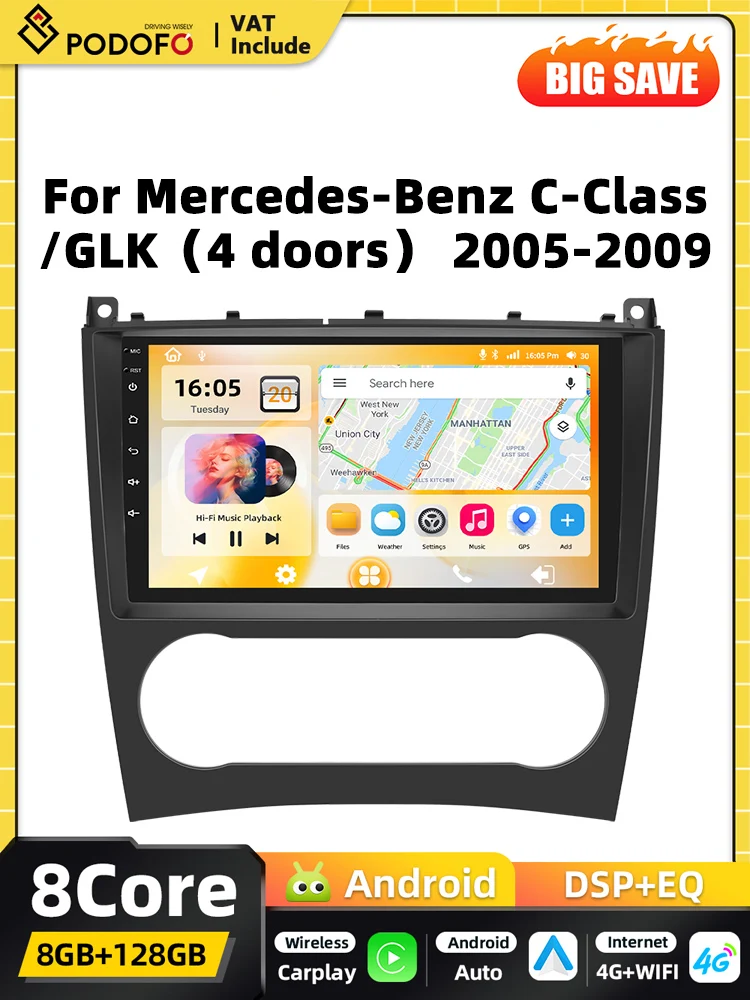Podofo 2DIN Android Autoradio-Player für Mercedes-Benz C-Klasse GLK 2005-2009 Intelligentes System Carplay GPS-Navigation FM RDS