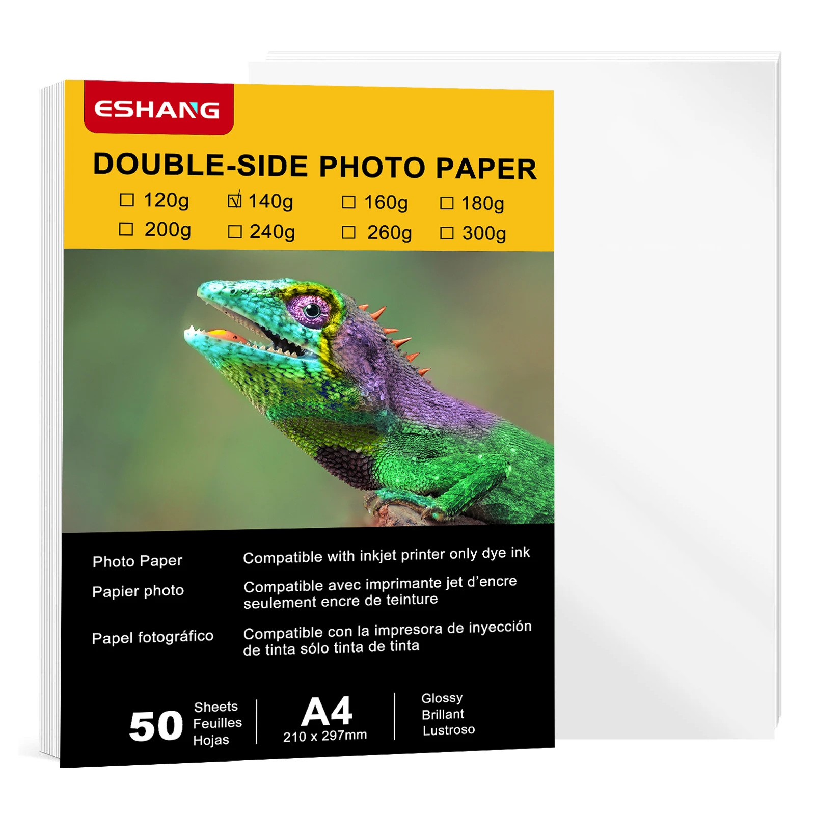 ESHANG A4 50 arkuszy Gruby papier fotograficzny Błyszczący dwustronny 8,3x11,7 140 g/m2 Druk atramentowy Obie strony Drukowanie w formacie A4 Letter Papier kartonowy