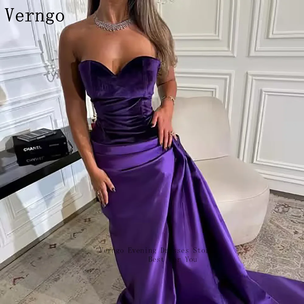 

Verngo Purple Velvet Evening Dress Sweetheart Mermaid Pleated Formal Occasion Dress Saudi Arabia Prom Gown Customized