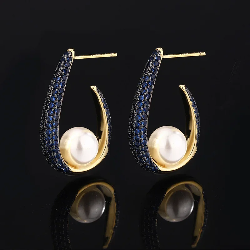 

Elegant Crescent Moon Hoop Earrings with Pearl Blue Crystals Ideal for Women's Jewelry Fashion Accessories and Special Occasions