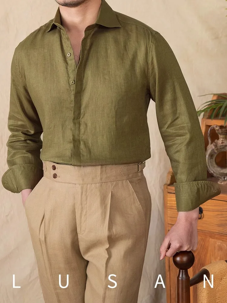

Men's 100% Linen Long Sleeve Shirt - Solid Color Breathable Elegant Outdoor Casual Versatile Gentleman's Top