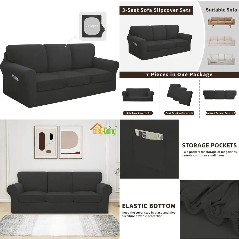 

Эластичный моющийся набор чехлов для дивана из 7 предметов для дивана с 3 подушками и противоскользящей защитой