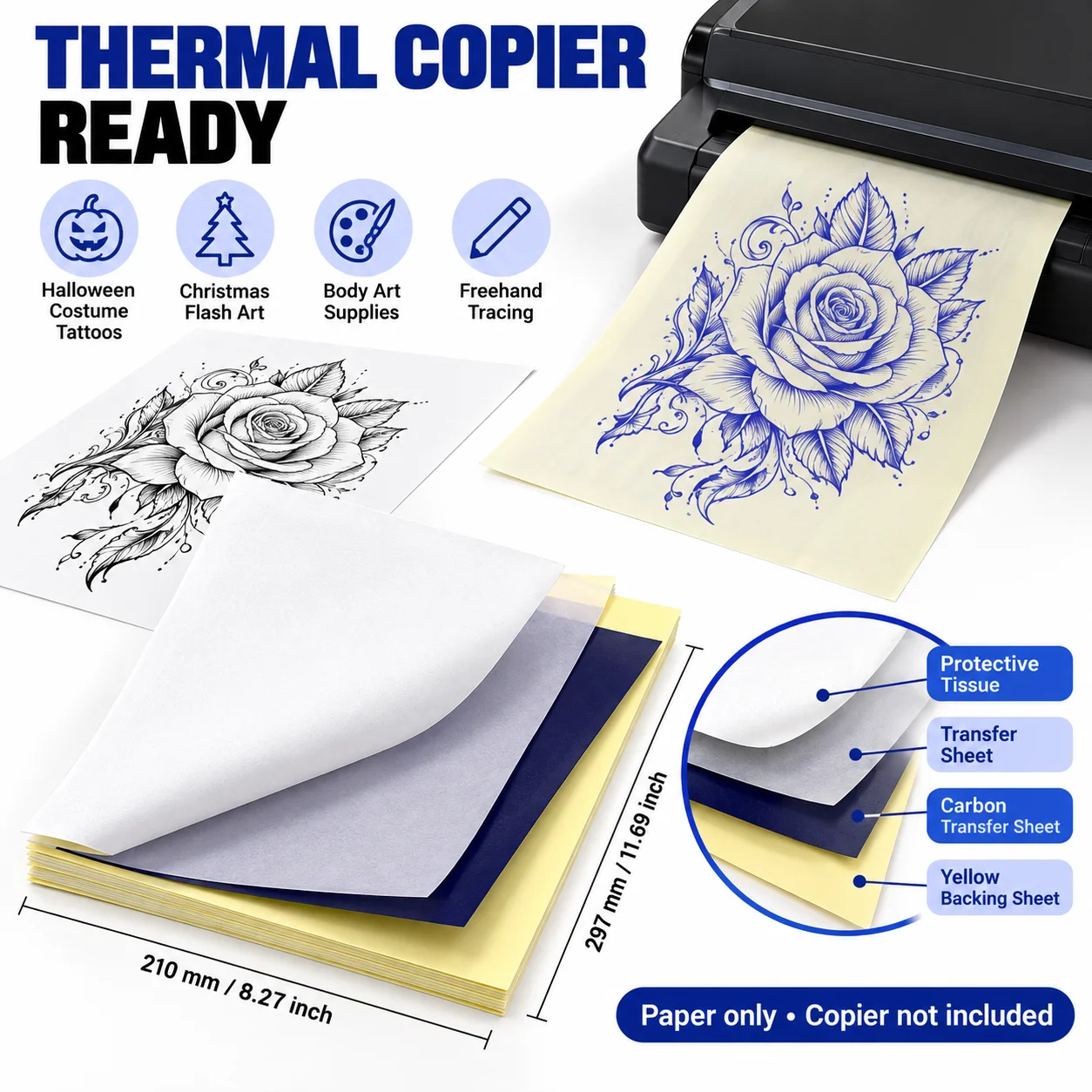 A4 Thermal Tattoo Transfer Paper, 4-Layer Stencil Paper for Thermal Copiers, Halloween Tattoos, Christmas Flash Art and Body Art