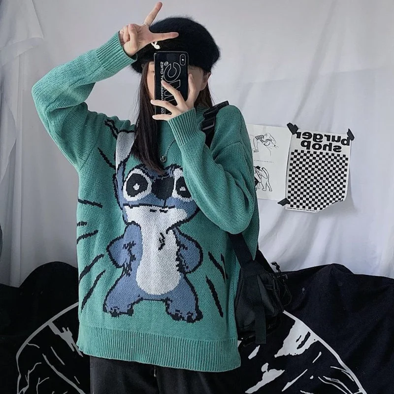 Disney Cartoon Stitch Clothes New Knitted Sweater Women Korean Style Harajuku Loose Sweaters Y2k Female Streetwear Top Pullovers