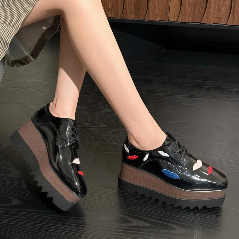 8cm Wedge Heels Woman Chunky Platform Shoes Fashion Embroider Square Toe Lace Up Creepers Ladies Pumps Zapatillas De Mujer