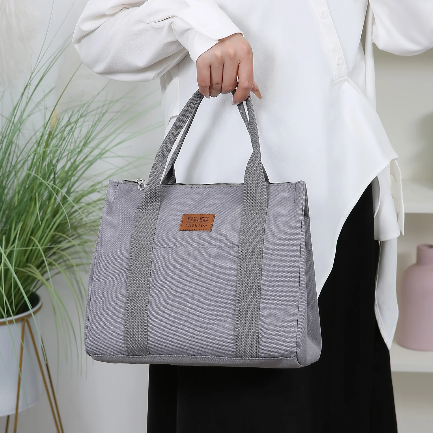 حقيبة غداء بلون موحد، حقيبة حمل مع سحاب داخلي من رقائق معدنية، سعة كبيرة محمولة، للعمل، المدرسة، حقيبة أدوات مع وجبات #4