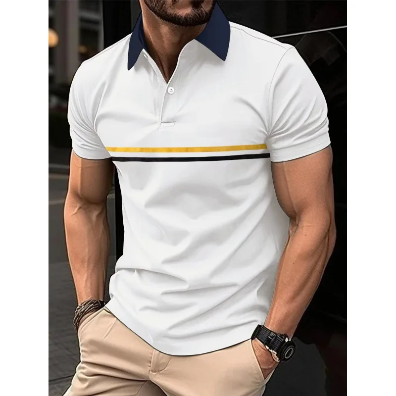 2024 New Men\'s Polo Shirt Stripes Short Sleeve T-Shirts Casual Business Button Top Tees Summer Polo Shirts High Quality Clothes