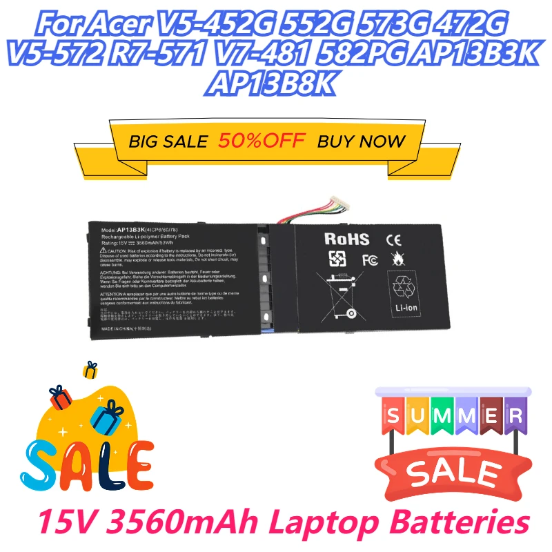 

15V 3560mAh Laptop Batteries For Acer V5-452G 552G 573G 472G V5-572 R7-571 V7-481 582PG AP13B3K AP13B8K