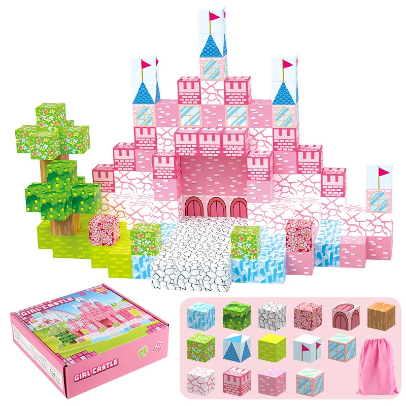 128 pçs conjuntos de blocos magnéticos criança brinquedos de construção 2.5cm cubos magnéticos castelo rosa modelo mundial haste montessori sensorial crianças presentes