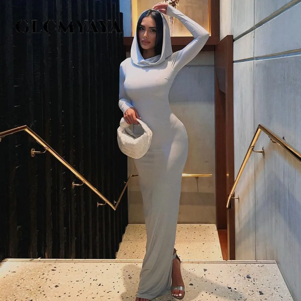 GLCMYAYA Streetwear Women Hooded Posterior Side Slit Pullover Bodycon Dress 2023 Sexy Long Sleeve Solid Midi Maxi Long Dresses