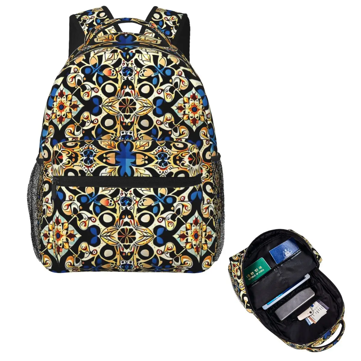 

Filigree Art Elegant And Royal Blue Gold Mandala Pattern 2X Student Backpack School Bag Daypack Fashion Bookbag Shoulder Bags