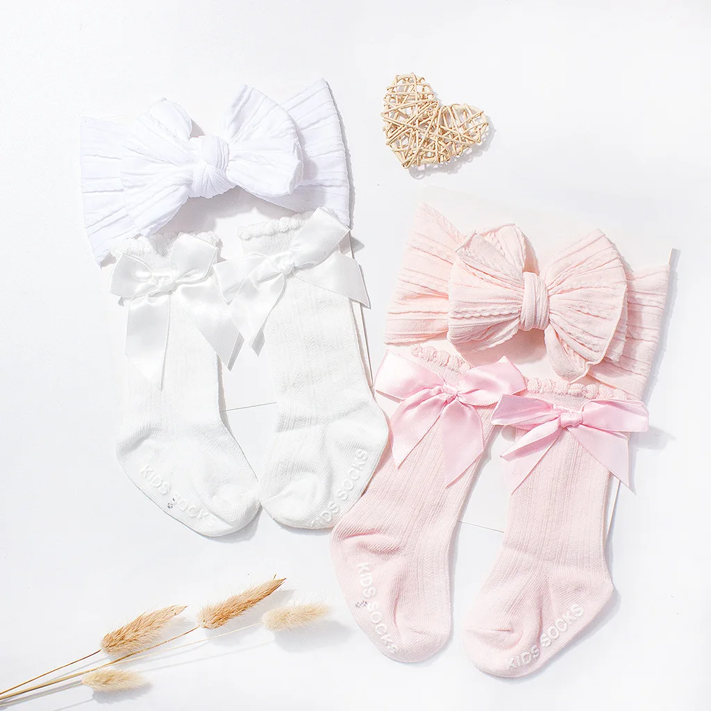 

Headband Socks Set for Newborn Accessories Children Nylon Bow Headwrap Knitted Socks Sets Toddler Footwear Infant Headwear