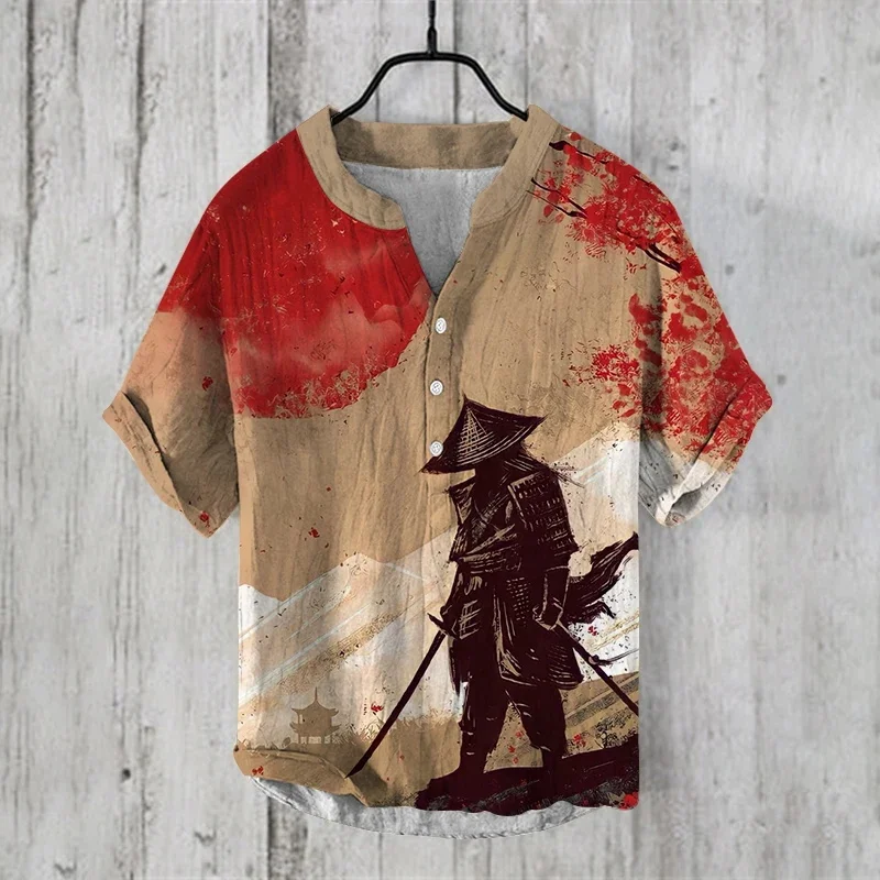 2024 Summer Japanese Swordsman Pattern Printed High Quality Men's Samurai Short Sleeve Linen Shirt Button Top for Street Wear