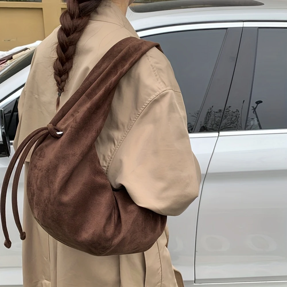 

Vintage Faux Suede Drawstring Hobo Crossbody Bag, Large Capacity Soft Shoulder Bag for Daily Commute & Casual Outings