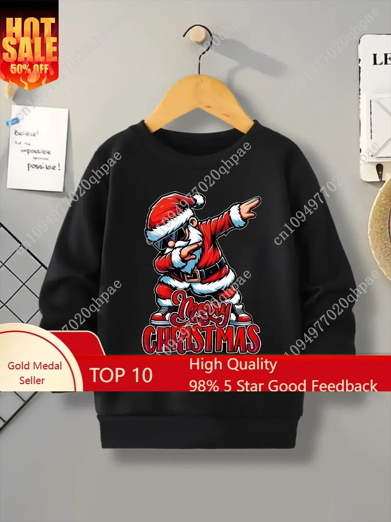 

Модная черная толстовка с круглым вырезом для мальчиков, повседневный топ с принтом в виде Санта-Клауса, детский модный спортивный пуловер