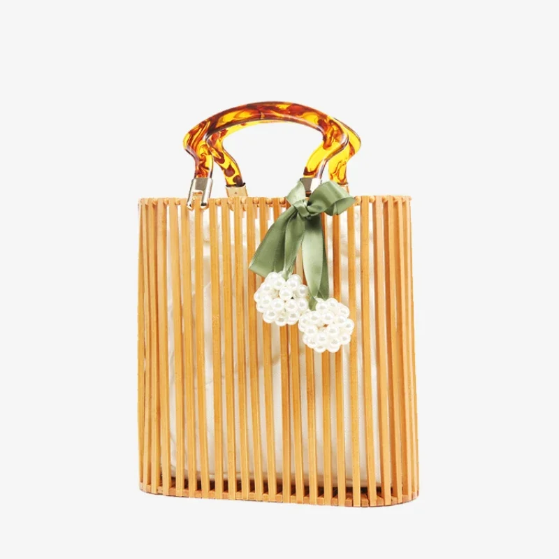 Summer vacation beach bag Vintage travel bamboo basket bag hand-made bamboo bags hollow straw bag hand bags for women