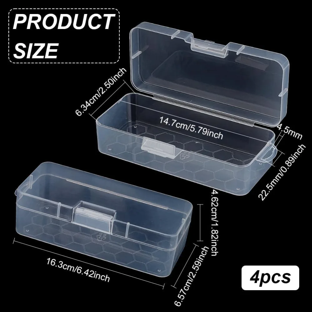 4 Packs Rectangle Plastic Container Box 6.4x2.6x1.8inch Clear Storage Organizer with Hinged Lid and Hanging Hole for Small Craft