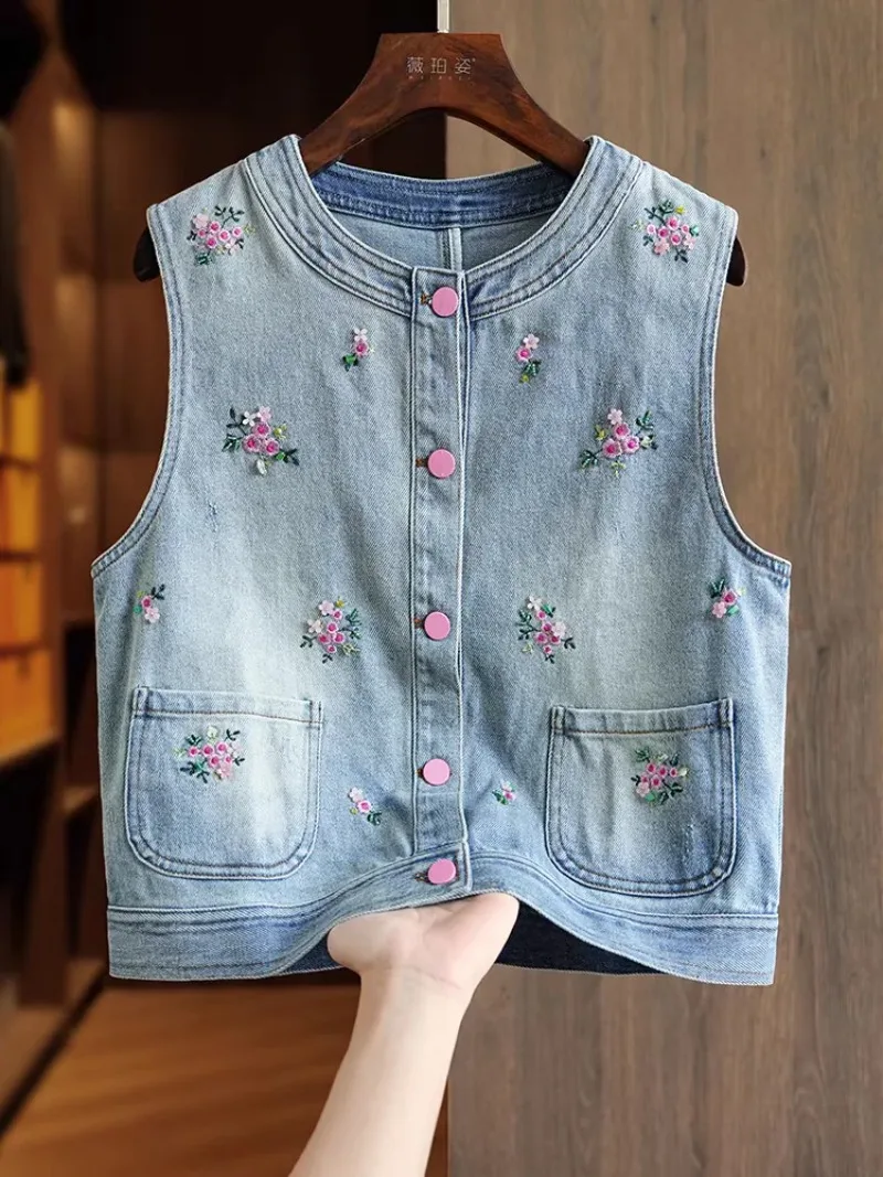 

Blue Cotton Denim Vest Women Shoulder Embroidery Layered Top 2025