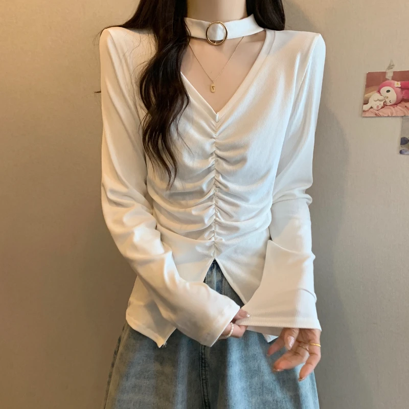 Women T-shirt Design V-neck Sweet Versatile Slim Pleated Tops Thin Long-sleeved Sweet Solid Color Blouse Female