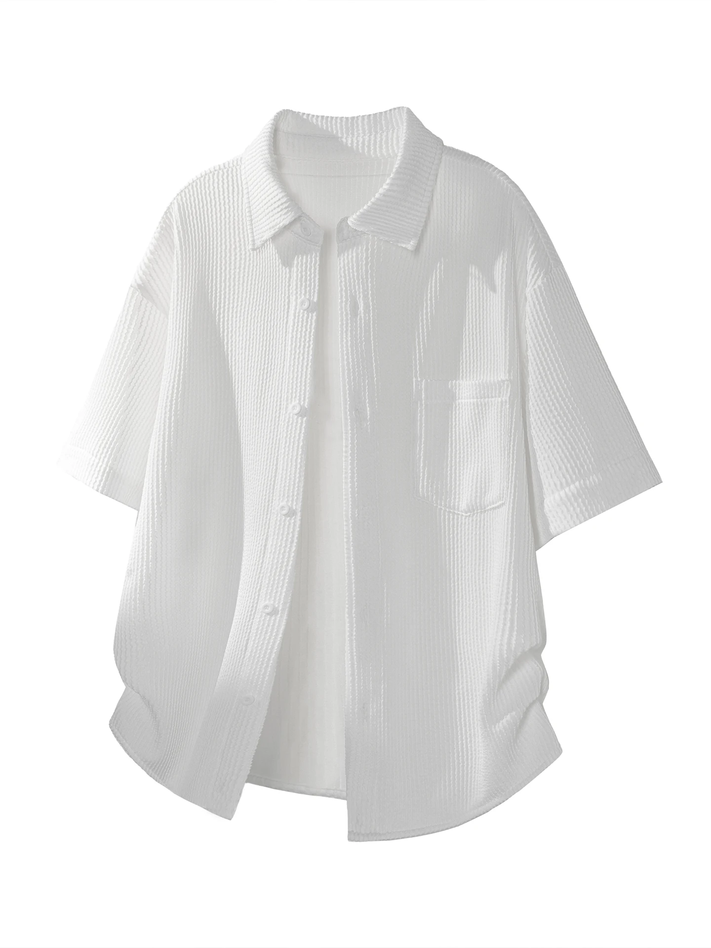

Men's Textured Stripe Work irt ort Sve Drapey Loose Fit White Summer Outerwear Polyester Fiber Spring Season Regular L...