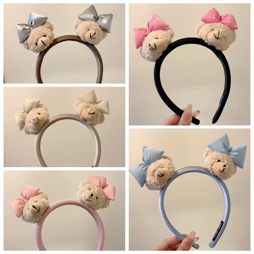 Diadema de oso pequeño con lazo dulce, muñeca de felpa para lavado de cara, diadema de felpa de dibujos animados, tocado bonito, aro para el pelo de oso, maquillaje