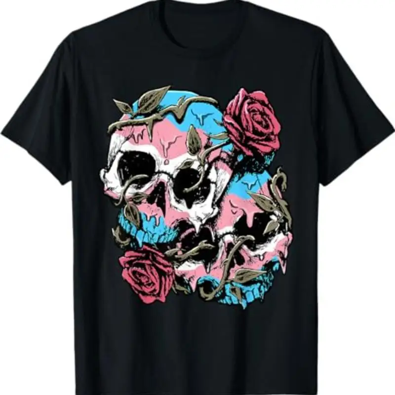 Transgender Pride Trans Flag Skull Roses Subtle LGBTQ T-Shirt
